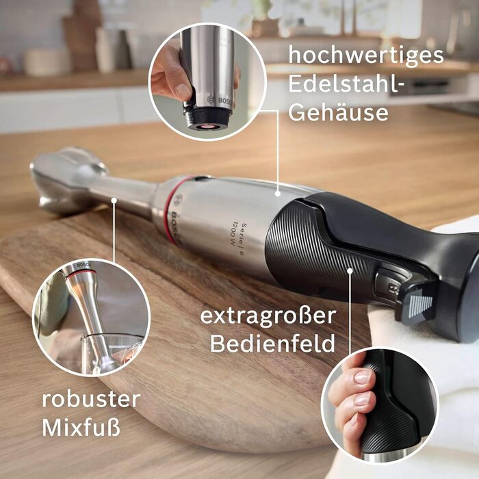 Блендер Bosch MSM6M8X1 ручний, 7-в-1, 1200 Вт, нержавіюча сталь/чорний