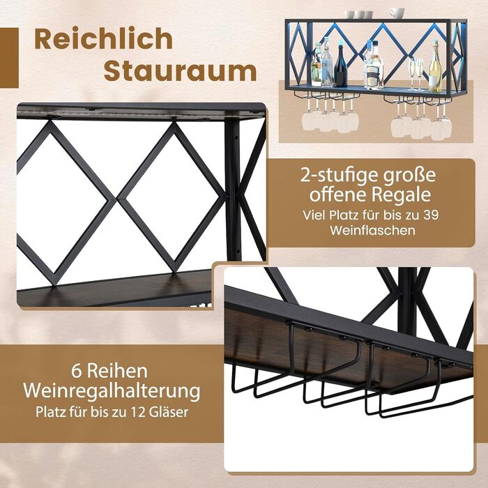 Стійка для вина COSTWAY з LED-підсвічуванням, 2 яруси, дерев'яний ящик з металевим каркасом, 6 рядів для келихів, індустріальний дизайн, для дому, бару, кухні та ресторану