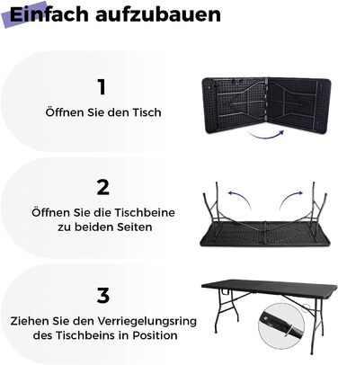 Складаний столик 180 см, портативний, міцний, пластиковий, для дому та відпочинку (чорний)