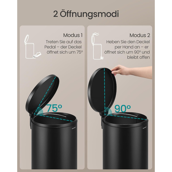 Сміттєвий відро для кухні SONGMICS з кришкою та системою Soft-Close, 20 л, чорне