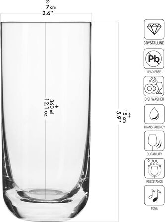 Krosno Long Drink Glasses, Water Glasses, Drinking Glasses | Set of 6 | 360 ML | Glamour Collection | Perfect for Home, Restaurants, and Parties | Dishwasher Safe