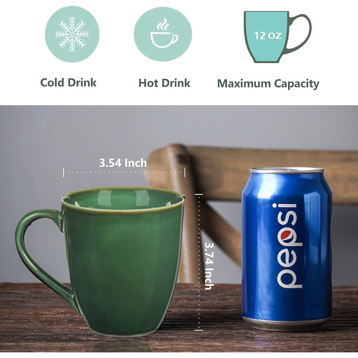 vicrays Coffee Mug Set, 340 ml, 6 Pieces, Ceramic Mugs for Men and Women, Unique Glazed Cups with Handle for Coffee, Tea, Milk, Hot Chocolate, Cereal (green)
