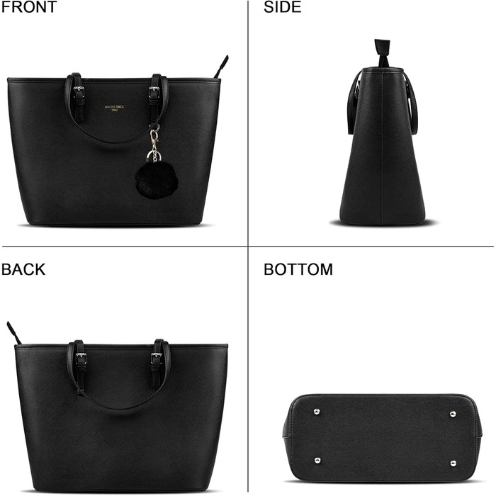 Жіноча сумка-шопер URAQT чорного кольору зі шкіри з помпоном з хутра кролика та брелоком - для офісу, школи, покупок