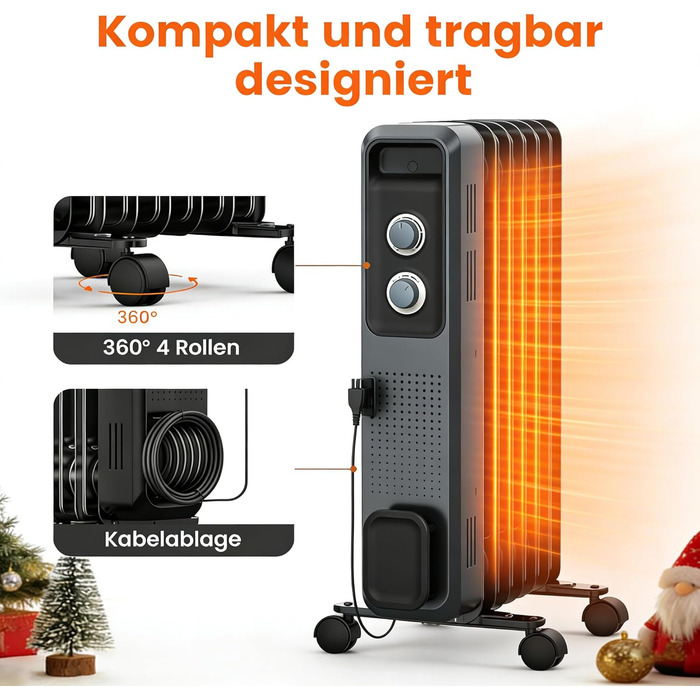 Масляний радіатор COWSAR: Енергоефективний обігрівач з 3 режимами, захистом від перекидання та перегріву, 1200W, сірий для вітальні та спальні