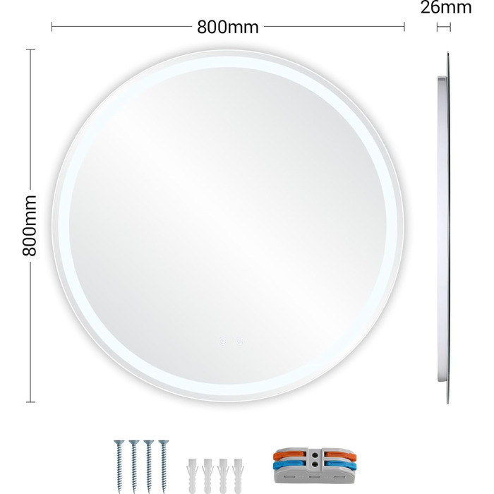 Круглий дзеркало для ванної кімнати Clevich з підсвічуванням, 80 см, сенсорне управління, протитуманне покриття, 3 кольори світла, регулювання яскравості