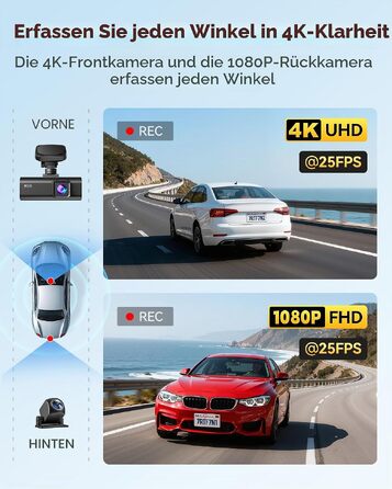 Автомобільний відеореєстратор REDTIGER F7N 4K Ultra HD (передня та задня камери 1080P), WiFi 5.8 ГГц, GPS, нічна зйомка, 24гд паркування, 64 ГБ карта пам'яті, 3.18