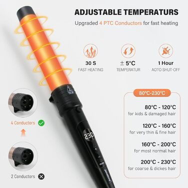 Welleneisen Janelove 3 Fässer: керамічний локон для волосся 10-32 мм, 180°C/210°C, 5 в 1, з рукавичкою (Чорний)