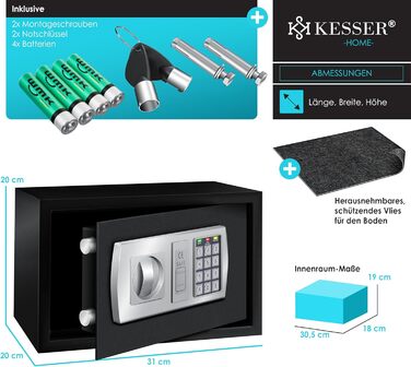 Електронний сейф KESSER® настінний, 31x20x20 см, з подвійним замком, внутрішнім освітленням, чорний (L)