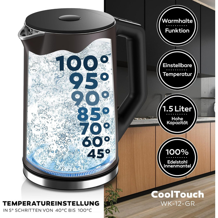 Balter Stainless Steel Electric Kettle with Temperature Control - 40°C to 100°C, Double Wall, BPA Free, 1.7L, 2200W, Quiet Kettle - Dark Grey