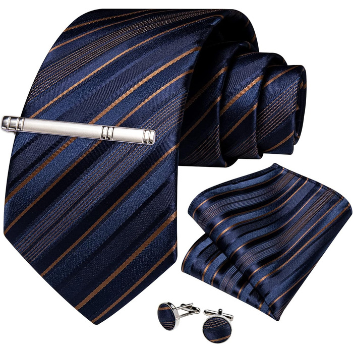 Набір краваток чоловічий DiBanGu з шовковим смугастим та клітинчастим візерунком, з кишеньковим хустинкою, краватковою застібкою та манжетонами (синій та золотий)