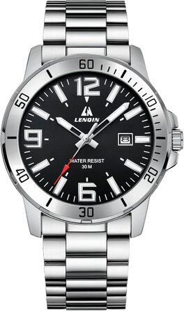 Годинник чоловічий LN LENQIN з нержавіючої сталі, водонепроникний, з датою, кварцовий, аналоговий, бізнес-стиль (сріблястий, чорний)