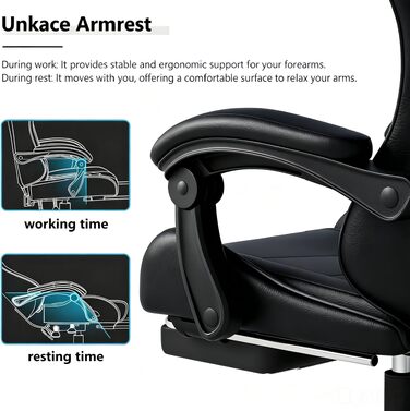 Ігрове крісло Ergonomic Gaming Chair з підніжкою, подушками під шию та поперек, 2D-підлокітниками, регулюванням висоти та поворотом на 360°, чорне