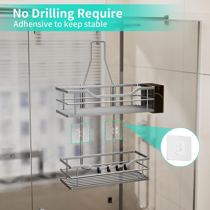 Настінна поличка для душу HapiRm з 4 гачками - поворотна 360°, органайзер для шампуню та мийних засобів, сріблястий