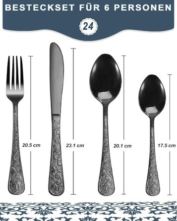 Набір столових приборів з нержавіючої сталі в вінтажному стилі на 6 осіб (чорний, 24 предмети) - ножі, виделки, ложки