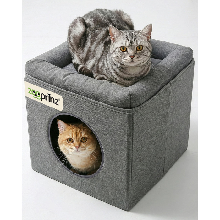 Кігтеточка-будиночок для котів Zooprinz Katzenhöhle – затишна печера для котів, тепле котяче ліжко бежевого кольору з подушкою, будиночок для котів Indoor як місце для відпочинку та схованку (46 × 41,5 × 60 см)