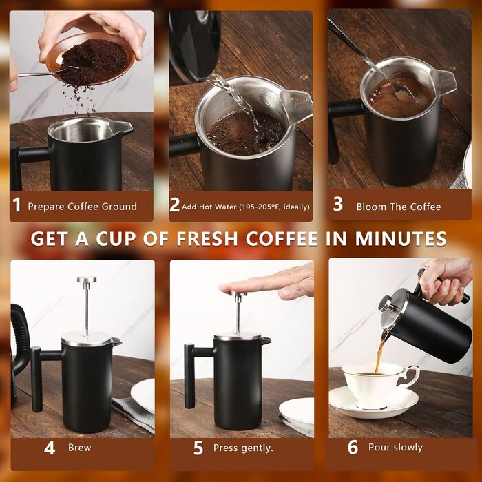 French Press Coffee Maker, 100 ml, large, insulated, robust premium stainless steel, 4-6 cup capacity, coffee press, French press plunger, teapot, black