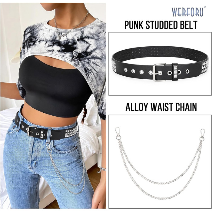 Чоловічий/Жіночий шкіряний ремінь WERFORU з пряжками у стилі панк-рок, металеві пряжки, для джинсів та штанів, розмір 90-100 см (C-чорний+ланцюжок, для розміру талії 68-80 см)