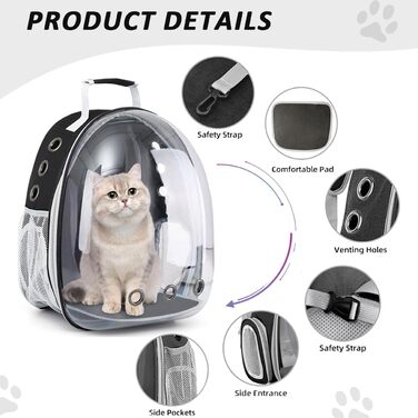 Розширюваний рюкзак для кота та маленької собаки, рюкзак-переноска з прозорим вікном та блискавкою, для подорожей та походів (розширюється ззаду), чорний колір