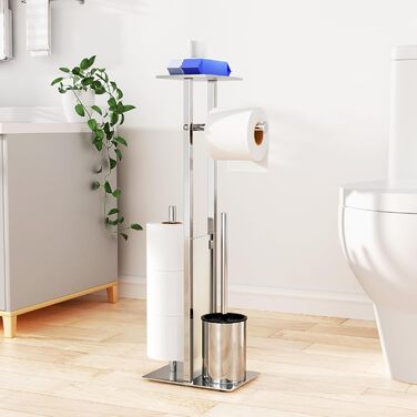 Stainless Steel Toilet Paper Holder with Brush & Shelf - Freestanding Toilet Roll Dispenser with Cover & Tray (Silver)