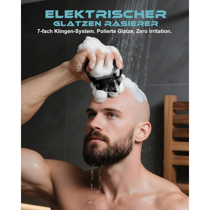 Машинка для гоління голови Glatzen Herren 7D, водонепроникна, для сухого та вологого гоління, з LED дисплеєм, Type-C, чорна