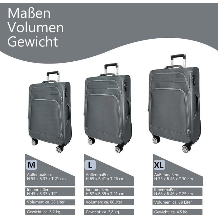 Чемодан-роликовий тканинний для подорожей, розширюваний, з подвійними колесами (M/L/XL/XXL або набір 4 шт.), м'який багаж (фіолетовий, ручна поклажа (55 см)), набір 3 шт. (сірий)