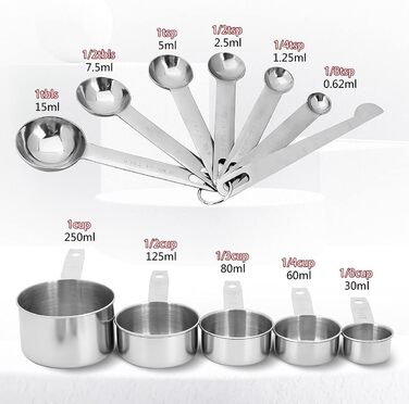 Wmtidene 13-Piece Measuring Cups and Spoons Set, Stainless Steel, 5 Measuring Cup Set and 6 Measuring Spoon Set, 1 Coffee Spoon, 1 Leveler for Dry and Liquid Ingredients