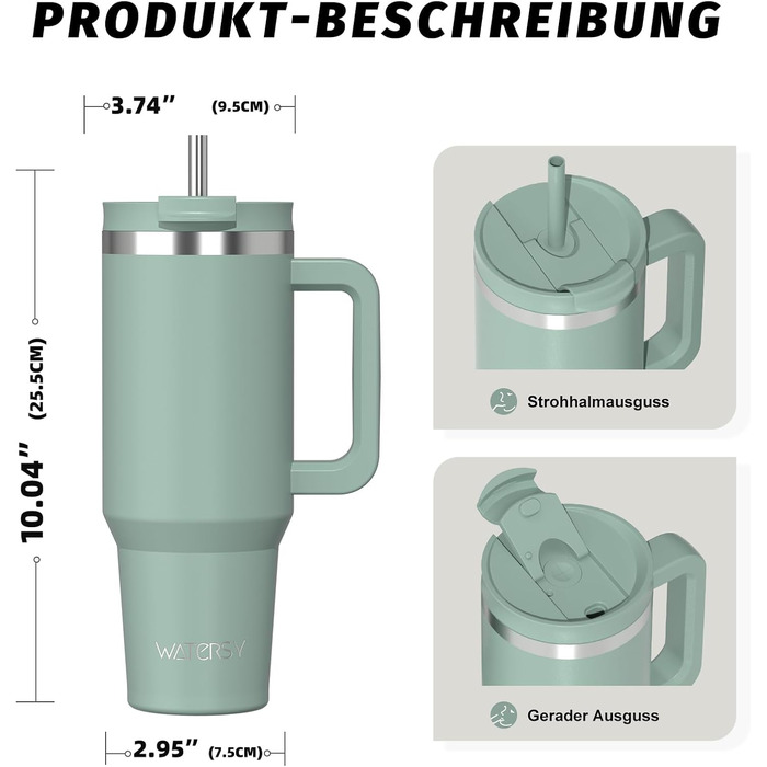 Термокружка WATERSY 1.2L з 2 трубочками, витокозахисний термос для кави To Go, вакуумна ізоляція, без BPA, ретро-зелений