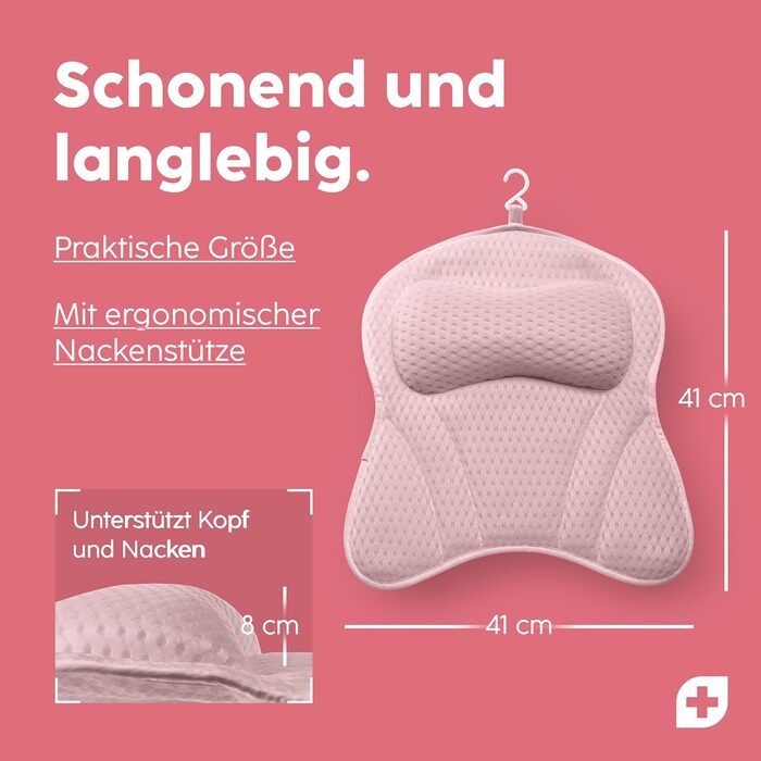 Vesta+ L Bath Pillow with Suction Cups - Test Winner - Neck & Back Support for Bathtub - Non-Slip Bath Cushion for Bathtub & Shower (Pink)