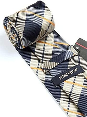 HISDERN Комплект краватки та нагрудного хустинки для чоловіків: коричневий та темно-синій (довга краватка)