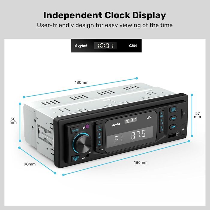 Автомагнітола 1 DIN Avylet Bluetooth 5.0, RDS/FM/AM, 7 кольорів підсвітки, USB, AUX-IN, MP3, підтримка 30 радіостанцій, функція гучного зв'язку