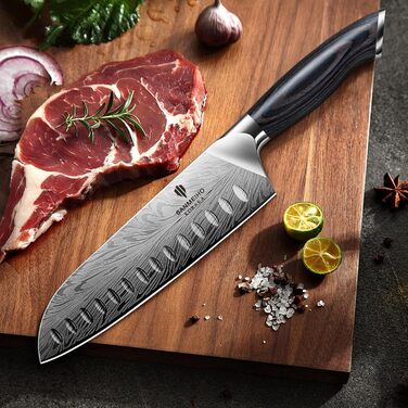 Ніж кухонний SANMEIHO Santoku 18 см з порошкової сталі, професійний шеф-ніж з пакавуд рукояттю