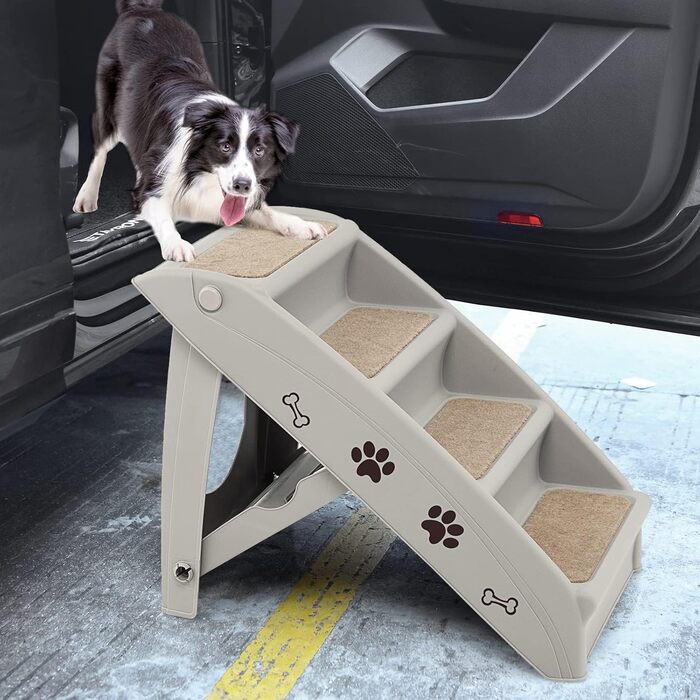 Сходинки для домашніх тварин GYMAX з 4 сходинками, складані, з пластику, з неслизькими підкладками, 4 килимками та трикутною структурою, для котів та собак (сірий)