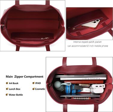 Жіноча сумка-шопер Tote Bag з PU шкіри для роботи, школи, покупок. Бордова. З блискавкою та внутрішніми кишенями