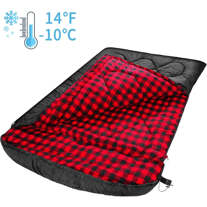 Спальний мішок Mcota Winter 0°C, Queen-Size, для 2 осіб, з бавовняним фланнелевим підкладкою, теплий та водонепроникний, для кемпінгу, риболовлі та полювання в холодну погоду, червоний