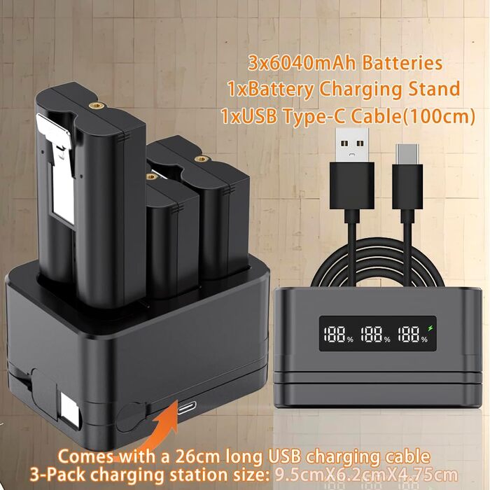 Зарядний пристрій для акумуляторів Ring (3 шт., 6040 mAh) з LED-дисплеєм та Type-C кабелем, сумісний з Ring 2/3/4/Plus/Spotlight/Stick Up Cam. Чорний