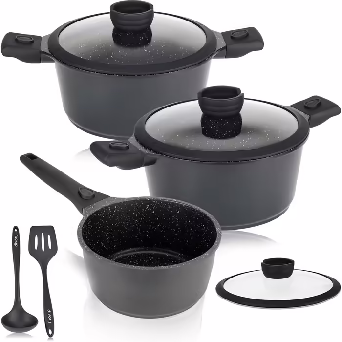 DIVORY Cookware Set - 8-Piece Detachable Handles - Saucepan 18cm, Stockpot 20cm, Pot 24cm with Lid, Induction Cookware, Non-Stick Cookware, Dishwasher & Oven Safe Black Cookware Set (18/20/24cm)