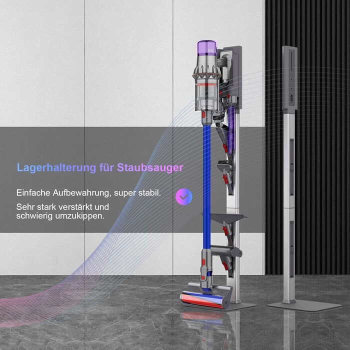 Підставка для пилососа Dyson з розкладними гачками та міцною основою з вуглецевої сталі – монтаж без свердління, компактне зберігання для всіх бездротових пилососів Dyson та аксесуарів, сірий колір