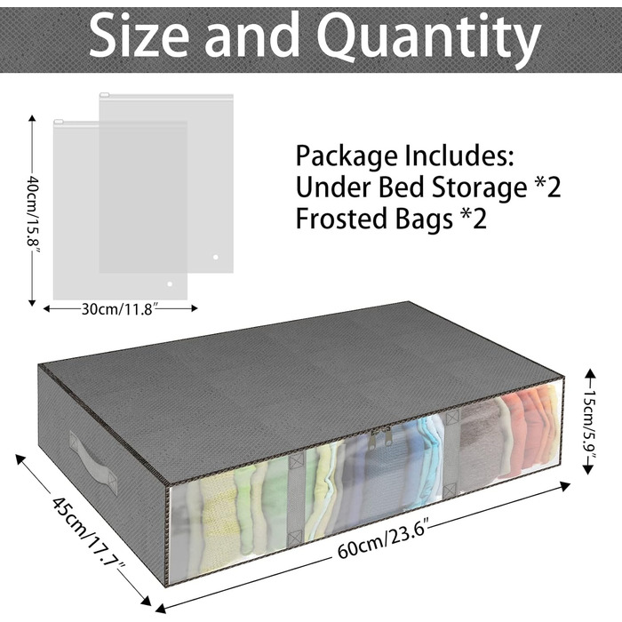 Комод під ліжко, 2 шт. Коробки для зберігання під ліжко з кишеньками для одягу, прозорі, ящик для ліжка з вікном, органайзер для ковдр, подушок, одягу, постільної білизни (сірий)
