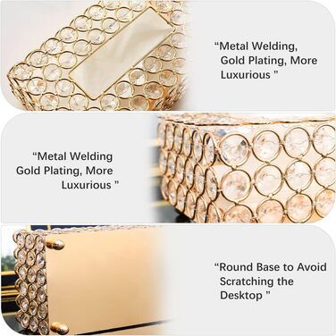 Crystal Cosmetic Box 20 × 13 × 6 cm Rectangular Gold Decorative Tissue Box, Metal Rhinestones Glitter Cosmetic Tissues Desktop Tissue Box for Bedroom Bathroom Living Room