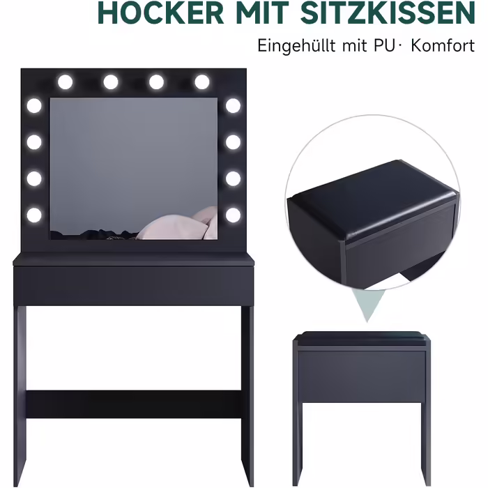 Туалетний столик SONNI з LED-підсвіткою, дзеркалом HD, 3 кольори, 10 рівнів яскравості, з шухлядами, чорний, 80x40x140 см – косметичний стіл для спальні