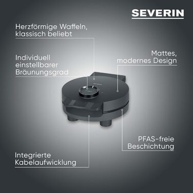 Severin Black Line Heart Waffle Maker - PFAS-Free Coating, Indicator Light, Cord Storage, 1000W - WA 2117