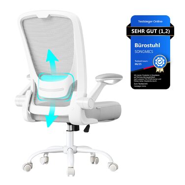 Офісне крісло SONGMICS ергономічне, поворотне з сіткою, підтримкою попереку та підголівником, функцією гойдання, сидіння 53 см, відкидні підлокітники, для офісу та спальні, студентів, OBN37BK (Світло-сірий, без підголівника)