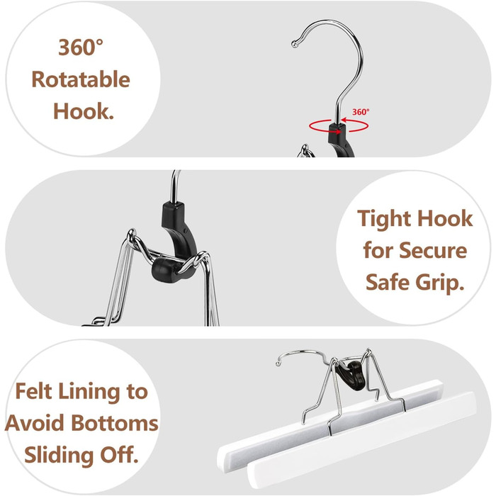 Дерев'яні вішалки для штанів AMKUFO з кліпсами (12 шт.), антиковзні вішалки для спідниць, фіксатори для штанів, надійні вішалки з масивного дерева, поворотний 360° гачок (білий/розкішний сад)