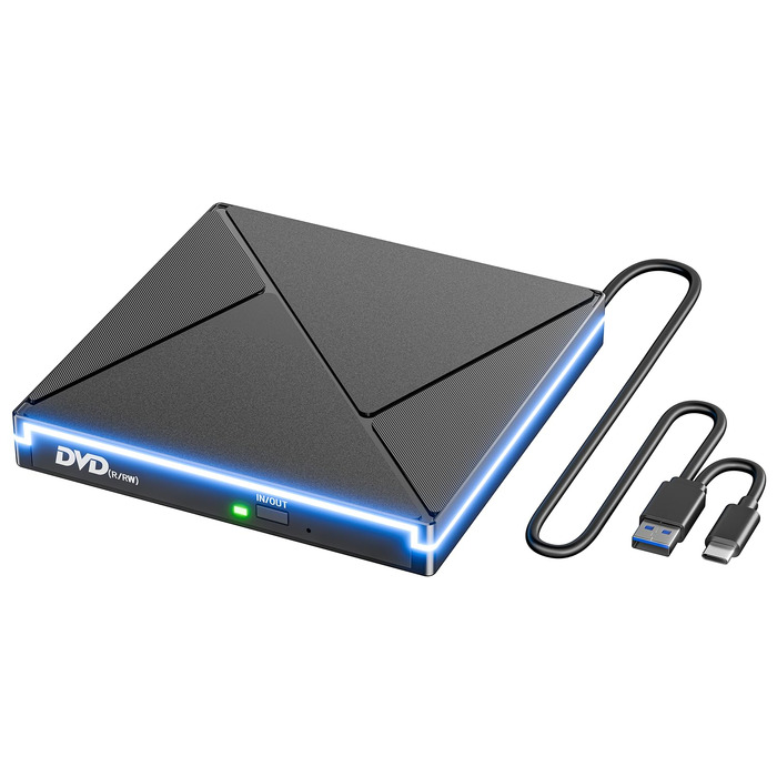 Зовнішній CD/DVD привід USB 3.0 та USB-C, оптичний накопичувач CD/DVD +/-RW ROM Brenner з RGB підсвіткою для ноутбука, ПК, MacBook, Windows та MacOS