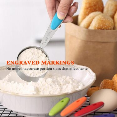 Stainless steel measuring cups and spoons, set of 15 measuring cups, 5 measuring spoons, and 5 small spoons, nesting metal measuring cup set with colorful silicone handles for cooking and baking