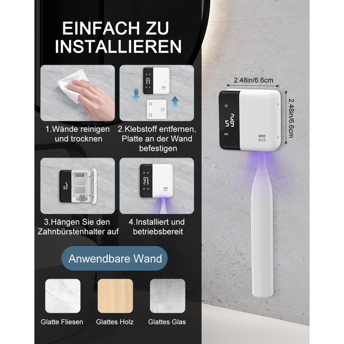 Електричний стерилізатор зубних щіток з сушкою 60°C, LED-дисплеєм, годинником, акумулятором та кріпленням на стіну без свердління. Білий+чорний