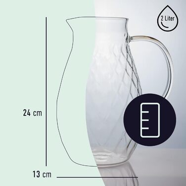 Borosilicate glass carafe with lid and spout - Glass carafe with a unique diamond pattern for 2 liters of cold or hot water - Drink dispenser for homemade iced tea and juice
