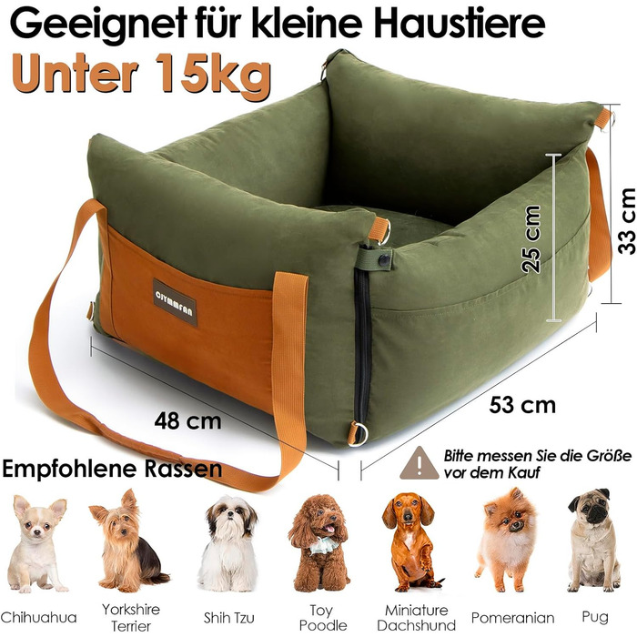Small & Medium Dog Car Seat - Portable Pet Carrier with Extendable Bed, Washable Travel Dog Bed with Storage Pockets & Safety Belt - Green