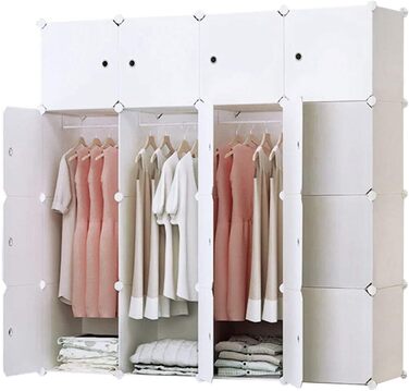 BRIAN & DANY 12-Cube Wardrobe, Modular Closet Wardrobe Shelf System Plastic Wardrobe with Doors & 2 Hangers, Additional Stickers Included (16 Cube, White)