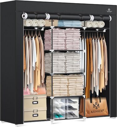 KESSER® Wardrobe Fabric Wardrobe Stable with Clothes Rail & Shelves, Incl. 5x Clothes Hangers, Fabric Folding Wardrobe for Bedroom, Dressing Room Closet with Clothes Rack 150x45x175cm Black